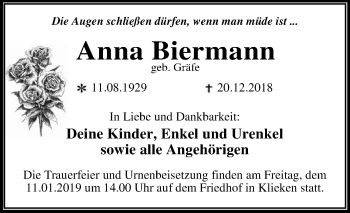 Traueranzeige von Anna Biermann von WVG - Wochenspiegel Dessau / Köthen