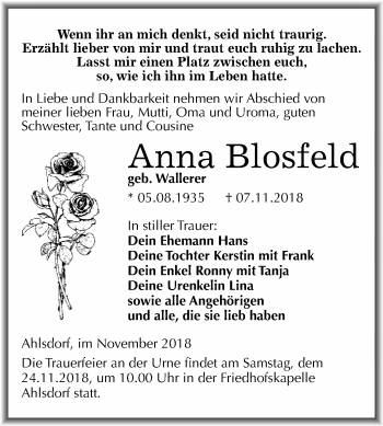 Traueranzeige von Anna Blosfeld von Super Sonntag SGH Mansf. Land