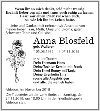 Traueranzeige von Anna Blosfeld von Mitteldeutsche Zeitung Aschersleben