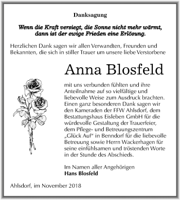 Traueranzeige von Anna Blosfeld von Mitteldeutsche Zeitung Aschersleben