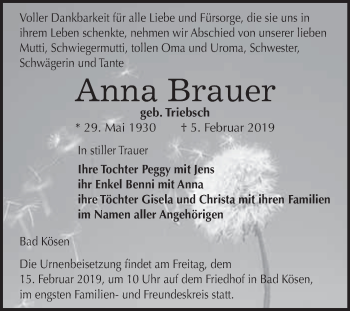 Traueranzeige von Anna Brauer von WVG - Wochenspiegel NMB / WSF / ZTZ