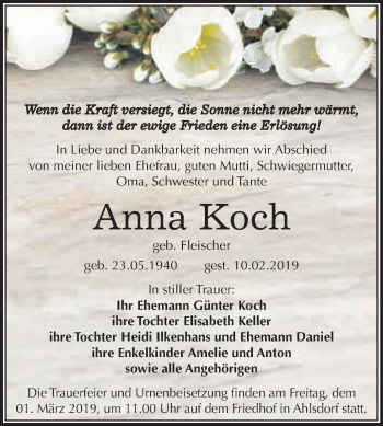 Traueranzeige von Anna Koch von Super Sonntag SGH Mansf. Land