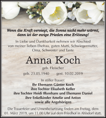 Traueranzeige von Anna Koch von Mitteldeutsche Zeitung Mansfelder Land