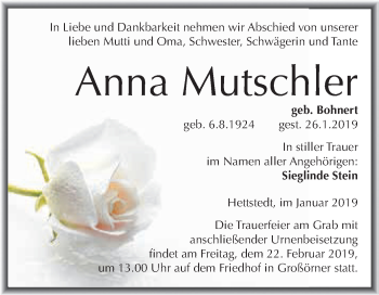 Traueranzeige von Anna Mutschler von Wochenspiegel Mansfelder Land