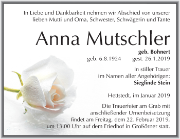 Traueranzeige von Anna Mutschler von Mitteldeutsche Zeitung Mansfelder Land