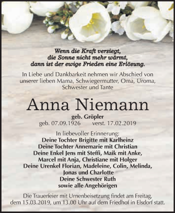 Traueranzeige von Anna Niemann von WVG - Wochenspiegel Dessau / Köthen