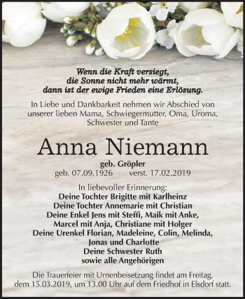 Traueranzeige von Anna Niemann von Mitteldeutsche Zeitung Köthen