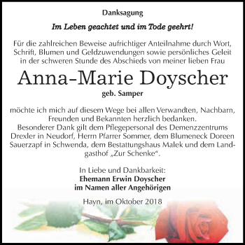 Traueranzeige von Anna Marie Doyscher von Super Sonntag SGH Mansf. Land