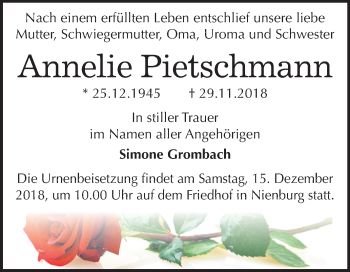 Traueranzeige von Annelie Pietschmann von Mitteldeutsche Zeitung Bernburg