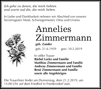 Traueranzeige von Annelies Zimmermann von WVG - Wochenspiegel Merseburg