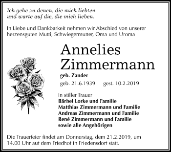 Traueranzeige von Annelies Zimmermann von Mitteldeutsche Zeitung