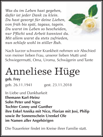 Traueranzeige von Anneliese Hüge von Super Sonntag SGH Mansf. Land