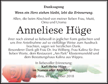 Traueranzeige von Anneliese Hüge von Super Sonntag SGH Mansf. Land