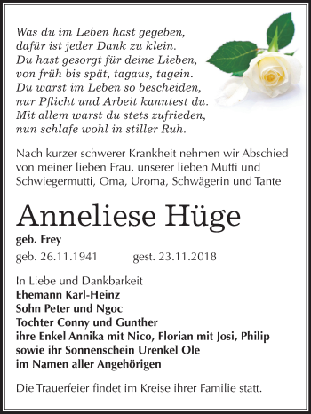 Traueranzeige von Anneliese Hüge von Mitteldeutsche Zeitung Aschersleben