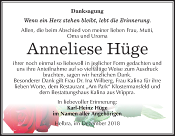 Traueranzeige von Anneliese Hüge von Mitteldeutsche Zeitung Mansfelder Land