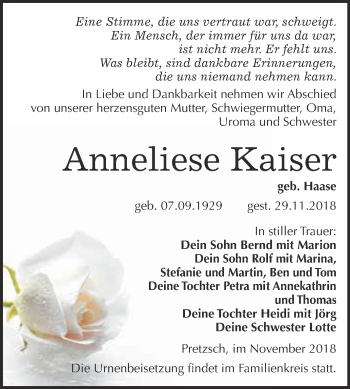 Traueranzeige von Anneliese Kaiser von Super Sonntag Wittenberg