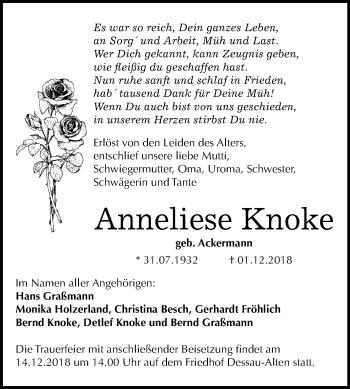 Traueranzeige von Anneliese Knoke von Mitteldeutsche Zeitung Dessau-Roßlau