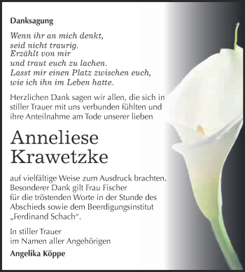 Traueranzeige von Anneliese Krawetzke von WVG - Wochenspiegel Wittenberg