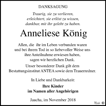 Traueranzeige von Anneliese König von Mitteldeutsche Zeitung Weißenfels