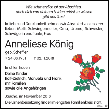 Traueranzeige von Anneliese König von Mitteldeutsche Zeitung Weißenfels