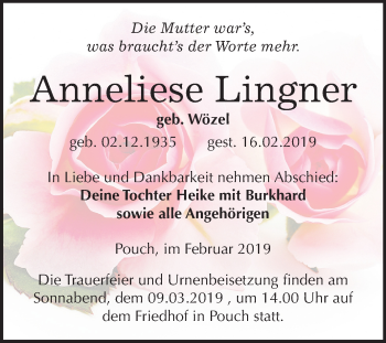 Traueranzeige von Anneliese Lingner von Mitteldeutsche Zeitung Bitterfeld