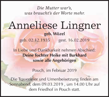 Traueranzeige von Anneliese Lingner von WVG - Wochenspiegel Wittenberg