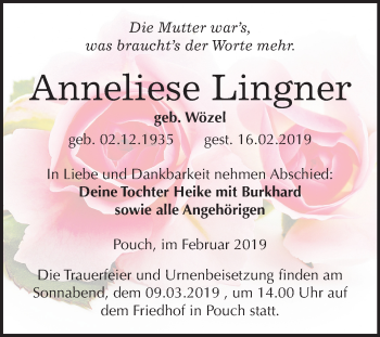 Traueranzeige von Anneliese Lingner von Mitteldeutsche Zeitung