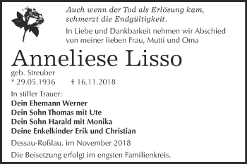 Traueranzeige von Anneliese Lisso von WVG - Wochenspiegel Dessau / Köthen