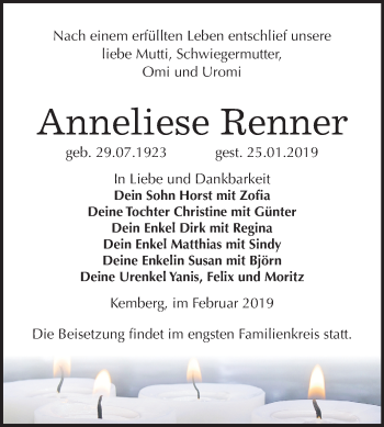 Traueranzeige von Anneliese Renner von Mitteldeutsche Zeitung