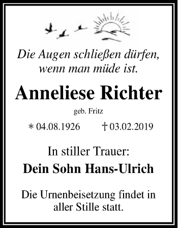 Traueranzeige von Anneliese Richter von WVG - Wochenspiegel Dessau / Köthen