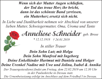 Traueranzeige von Anneliese Schneider von Mitteldeutsche Zeitung Dessau-Roßlau