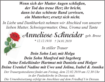 Traueranzeige von Anneliese Schneider von WVG - Wochenspiegel Dessau / Köthen