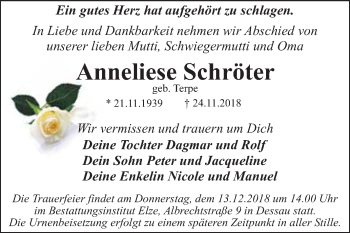 Traueranzeige von Anneliese Schröter von WVG - Wochenspiegel Dessau / Köthen