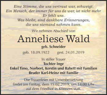 Traueranzeige von Anneliese Wald von Super Sonntag Bernburg