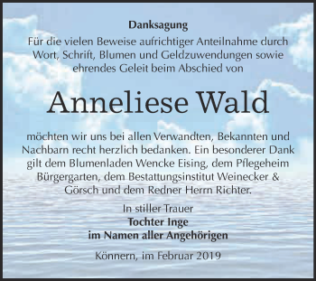 Traueranzeige von Anneliese Wald von Super Sonntag Bernburg
