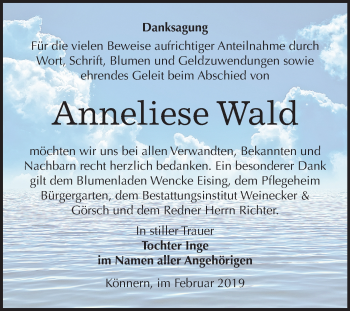 Traueranzeige von Anneliese Wald von Mitteldeutsche Zeitung Bernburg