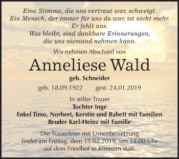 Traueranzeige von Anneliese Wald von Mitteldeutsche Zeitung Bernburg