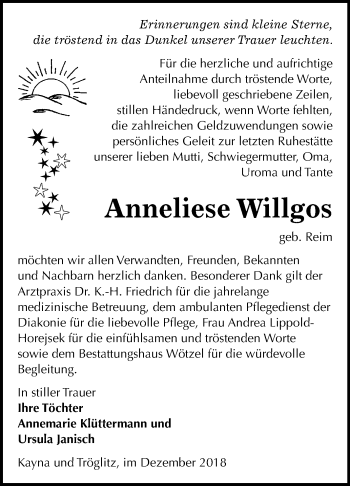Traueranzeige von Anneliese Willgos von Mitteldeutsche Zeitung Zeitz