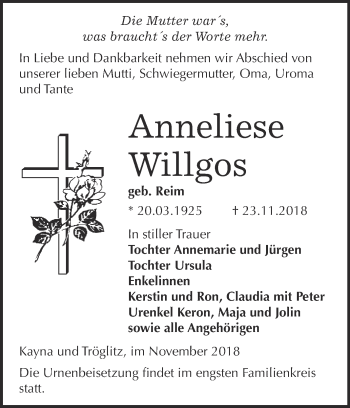 Traueranzeige von Anneliese Willgos von Super Sonntag Zeitz