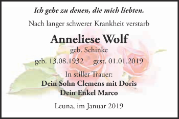 Traueranzeige von Anneliese Wolf von WVG - Wochenspiegel Merseburg