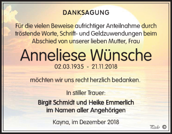 Traueranzeige von Anneliese Wünsche von Mitteldeutsche Zeitung Zeitz