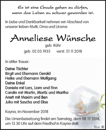 Traueranzeige von Anneliese Wünsche von Super Sonntag Zeitz