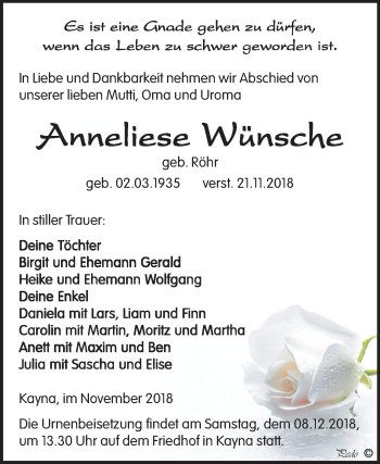 Traueranzeige von Anneliese Wünsche von Mitteldeutsche Zeitung Zeitz
