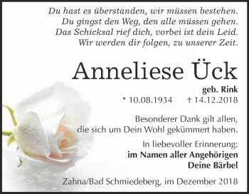 Traueranzeige von Anneliese Ück von Super Sonntag Wittenberg