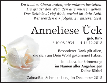 Traueranzeige von Anneliese Ück von Mitteldeutsche Zeitung Wittenberg