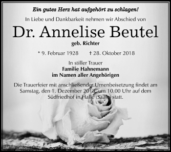Traueranzeige von Annelise Beutel von Mitteldeutsche Zeitung Halle/Saalkreis