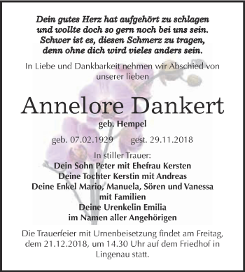 Traueranzeige von Annelore Dankert von WVG - Wochenspiegel Bitterfeld