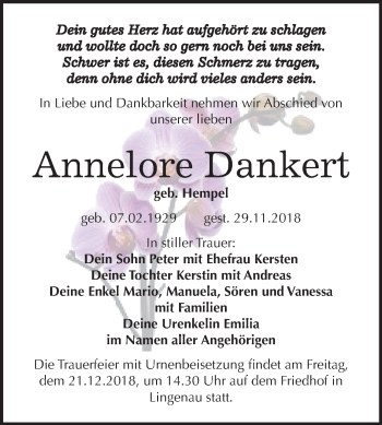Traueranzeige von Annelore Dankert von Mitteldeutsche Zeitung Bitterfeld