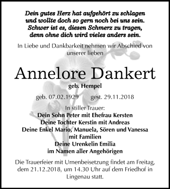 Traueranzeige von Annelore Dankert von Mitteldeutsche Zeitung Bitterfeld
