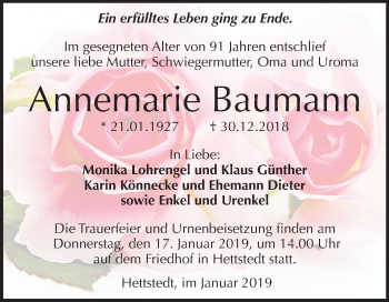 Traueranzeige von Annemarie Baumann von Mitteldeutsche Zeitung Mansfelder Land